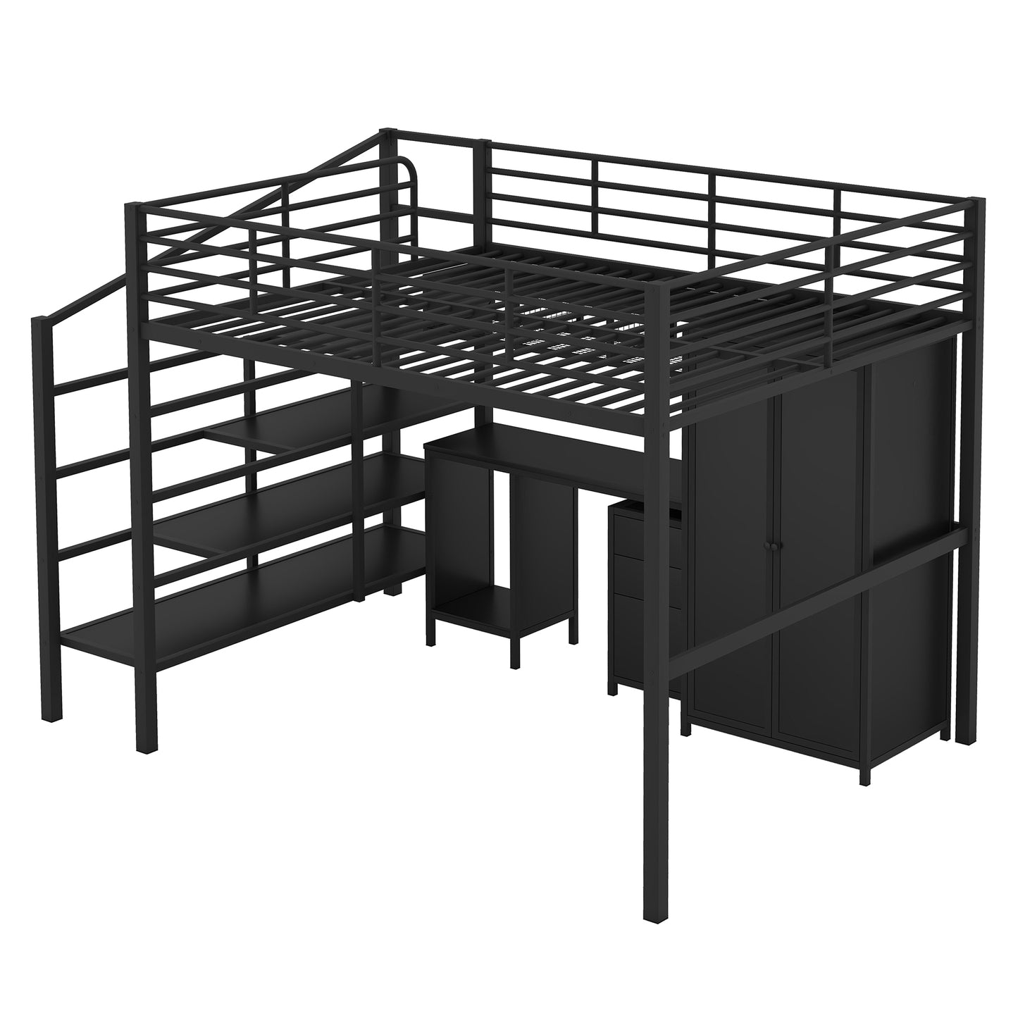 Metal Loft Bed with Desk Set and Wardrobe, Full Size, Black, Metal Frame with MDF Accents