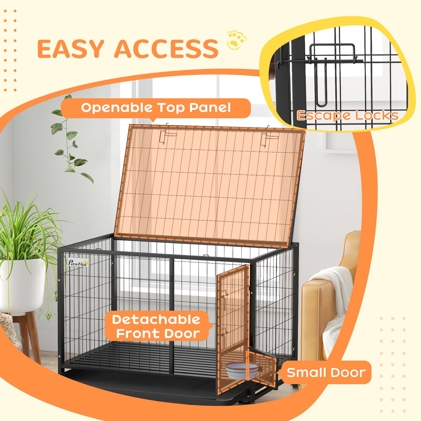 PawHut 43" Heavy Duty Dog Crate with Bowl Holder, Strong Steel Dog Crate with Wheels, Detachable Door, Openable Top and Removable Tray for Large and Extra Large Dogs, Black