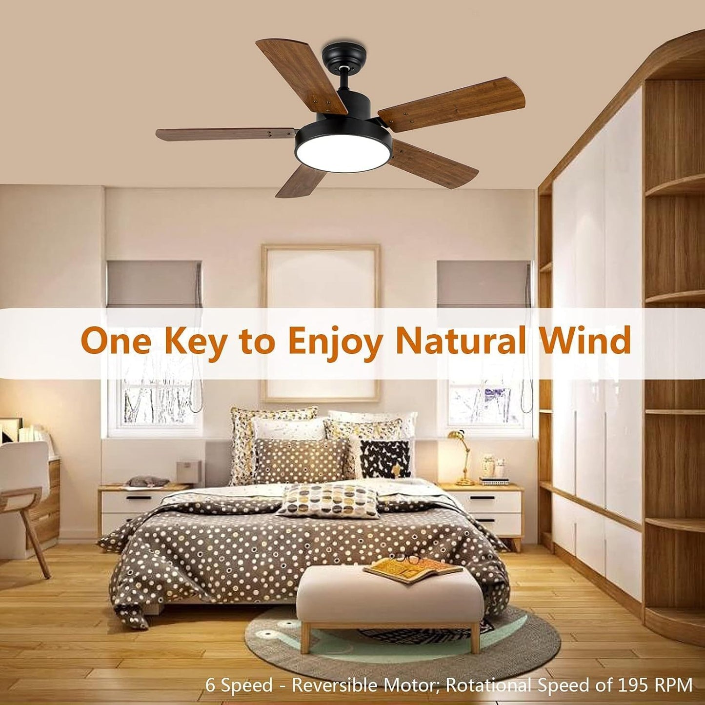 44-inch Ceiling Fan with LED Light and Remote Control, 6-Speed Modes, 2 Rotating Modes, Timer, Improved Blades