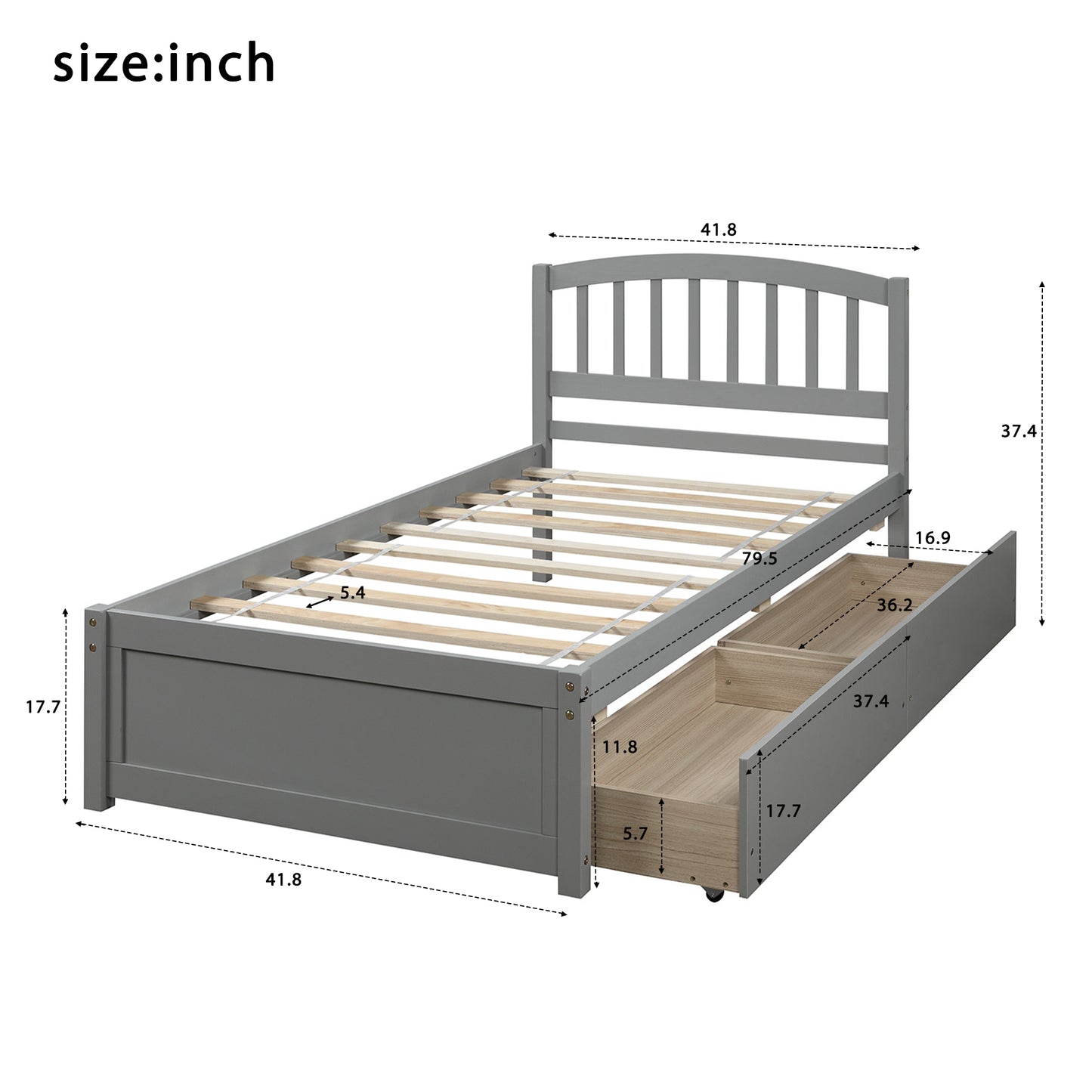 Twin Platform Storage Bed Wood Bed Frame with Two Drawers and Headboard, Gray