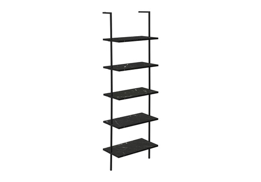 Bookshelf, Bookcase, Etagere, Ladder, 5 Tier, 72"h, Office, Bedroom, Black Marble Look Laminate, Black Metal, Contemporary, Modern