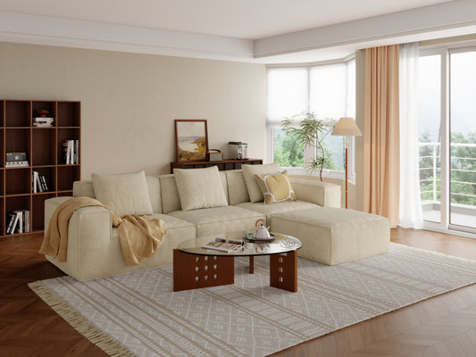 118-inch modular sofa can be converted into an oversized sofa bed Free conversion sofa set flexible configuration, soft corduroy cloud velvet fabric Three-person combination with footrest -cream