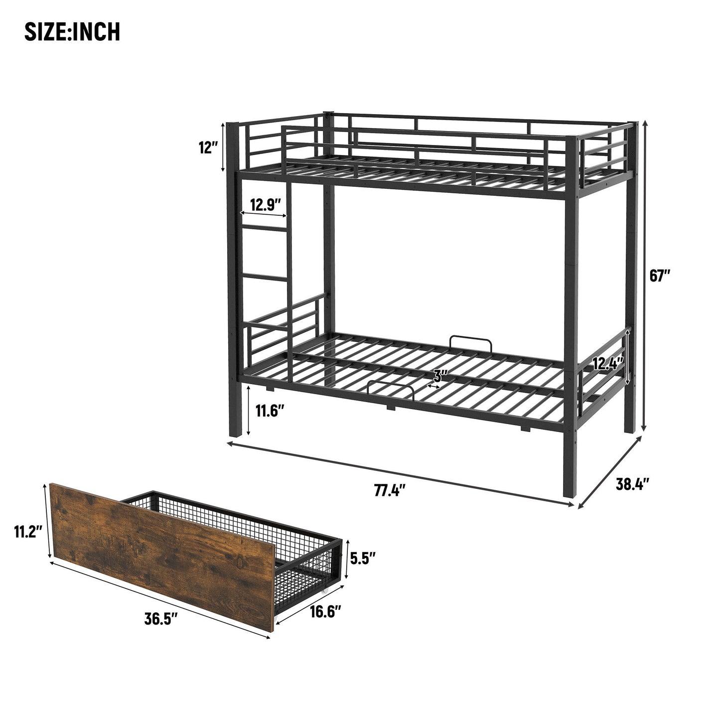 Metal Bunk Bed With drawers, Twin, Black