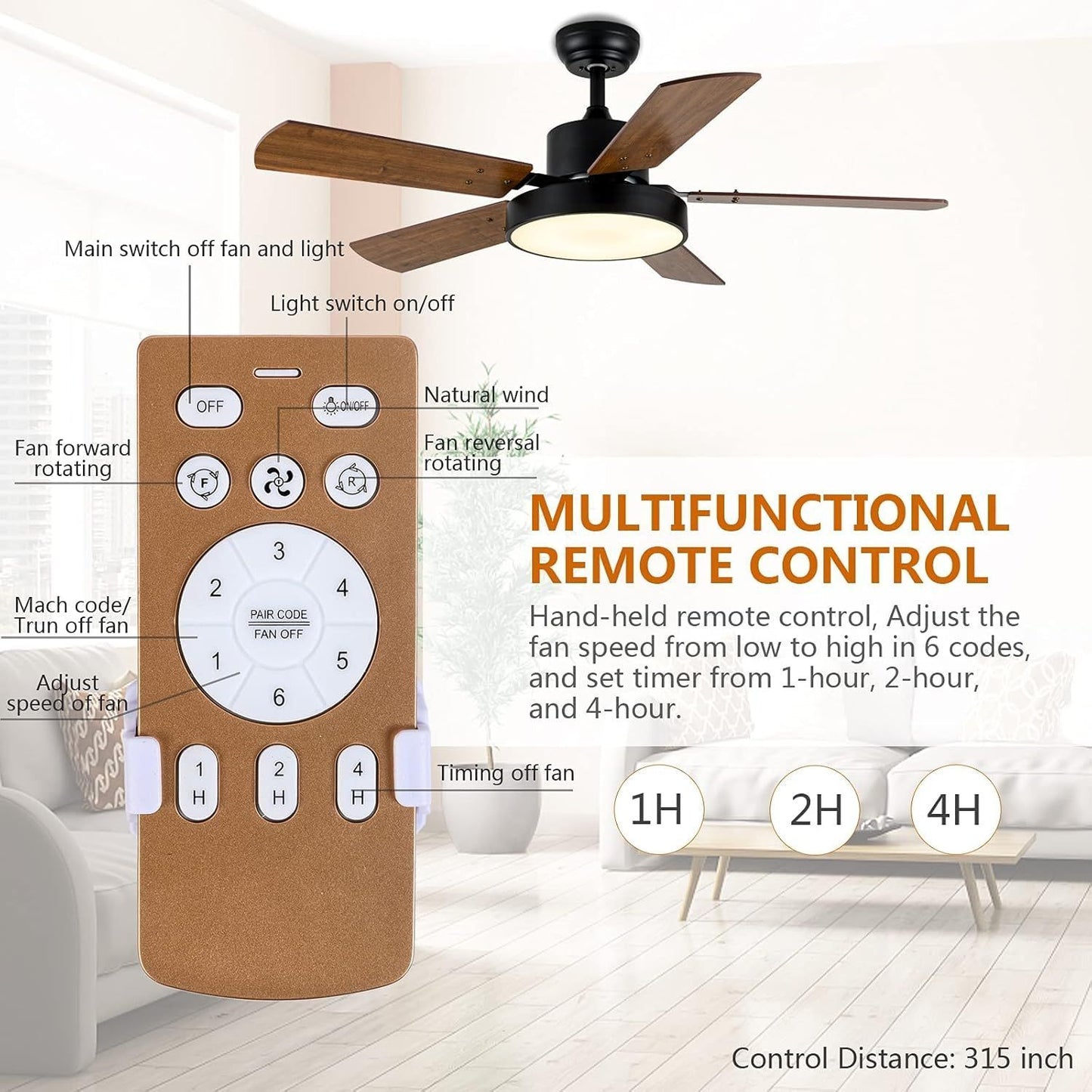 44-inch Ceiling Fan with LED Light and Remote Control, 6-Speed Modes, 2 Rotating Modes, Timer, Improved Blades