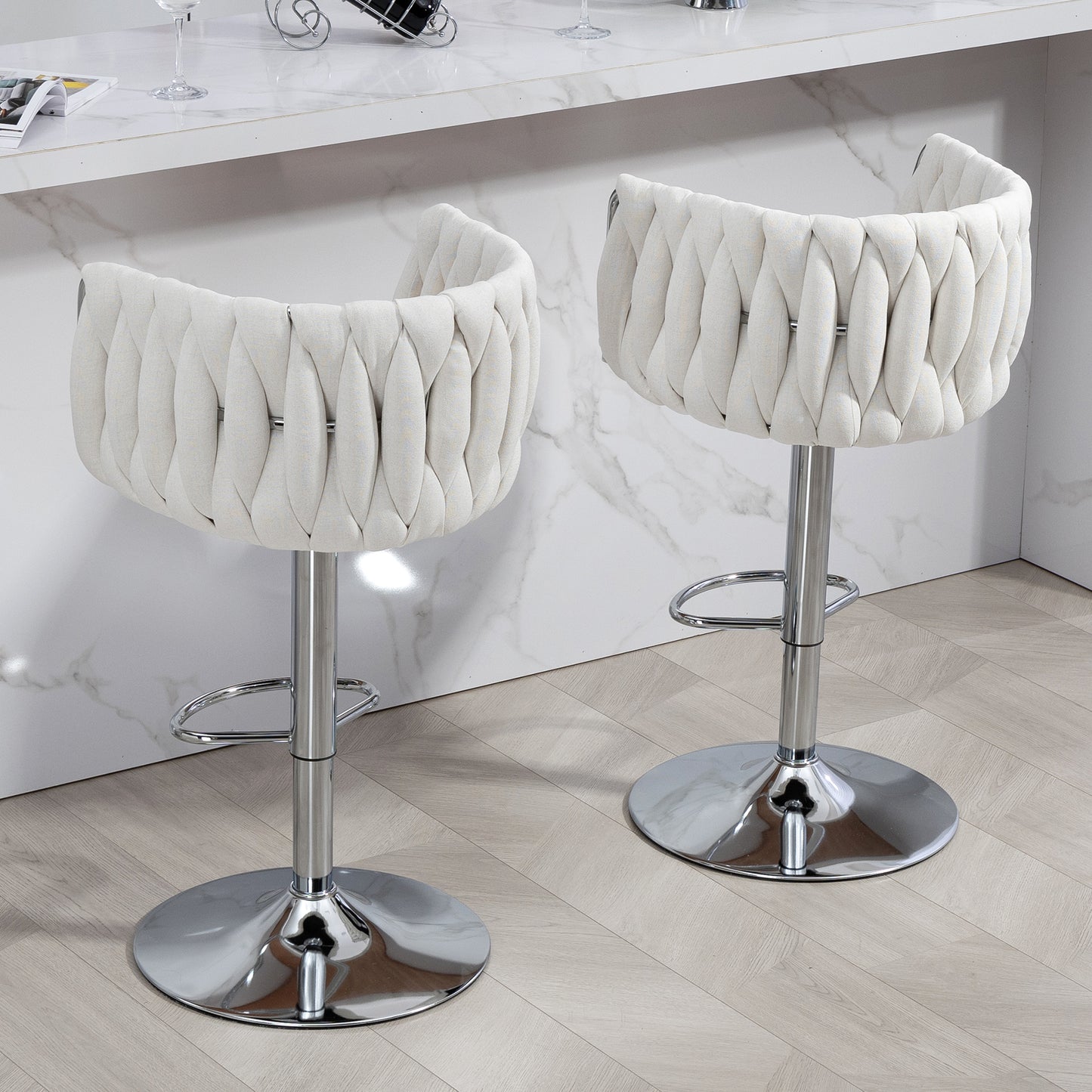 360° Fabric cover Swivel Bar Stools Set of 2, Adjustable Counter Height Bar Chairs with Woven Back & Footrest,Silver chromed  Bar Stools for Kitchen Island, Cafe, Pub (Beige)