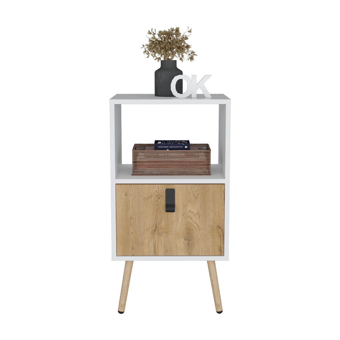Tall Nightstand 29"H, with One Drawer and Functional Storage, White / Macadamia