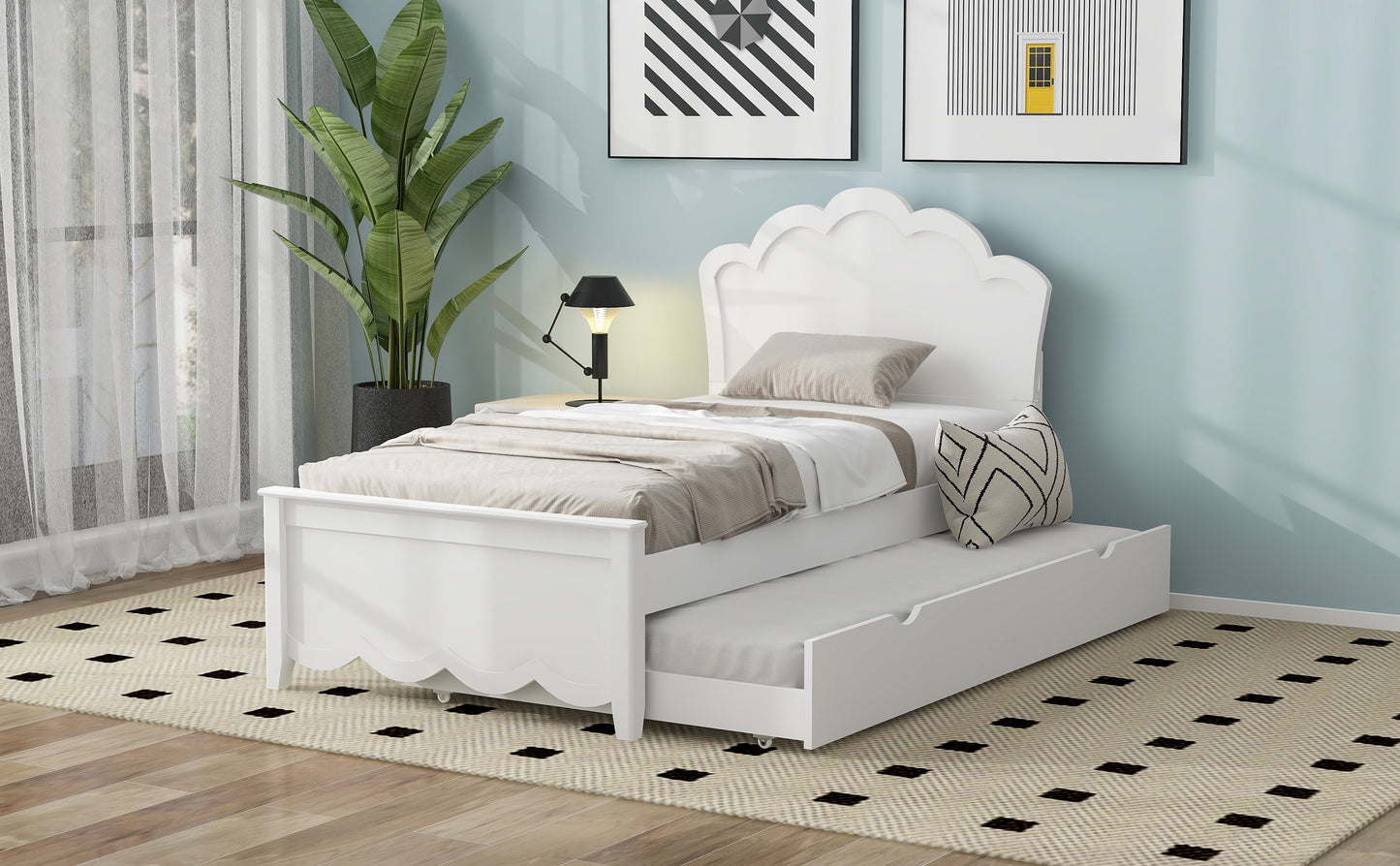 Twin Size Wood Platform Bed with Headboard and Twin Size Trundle, White