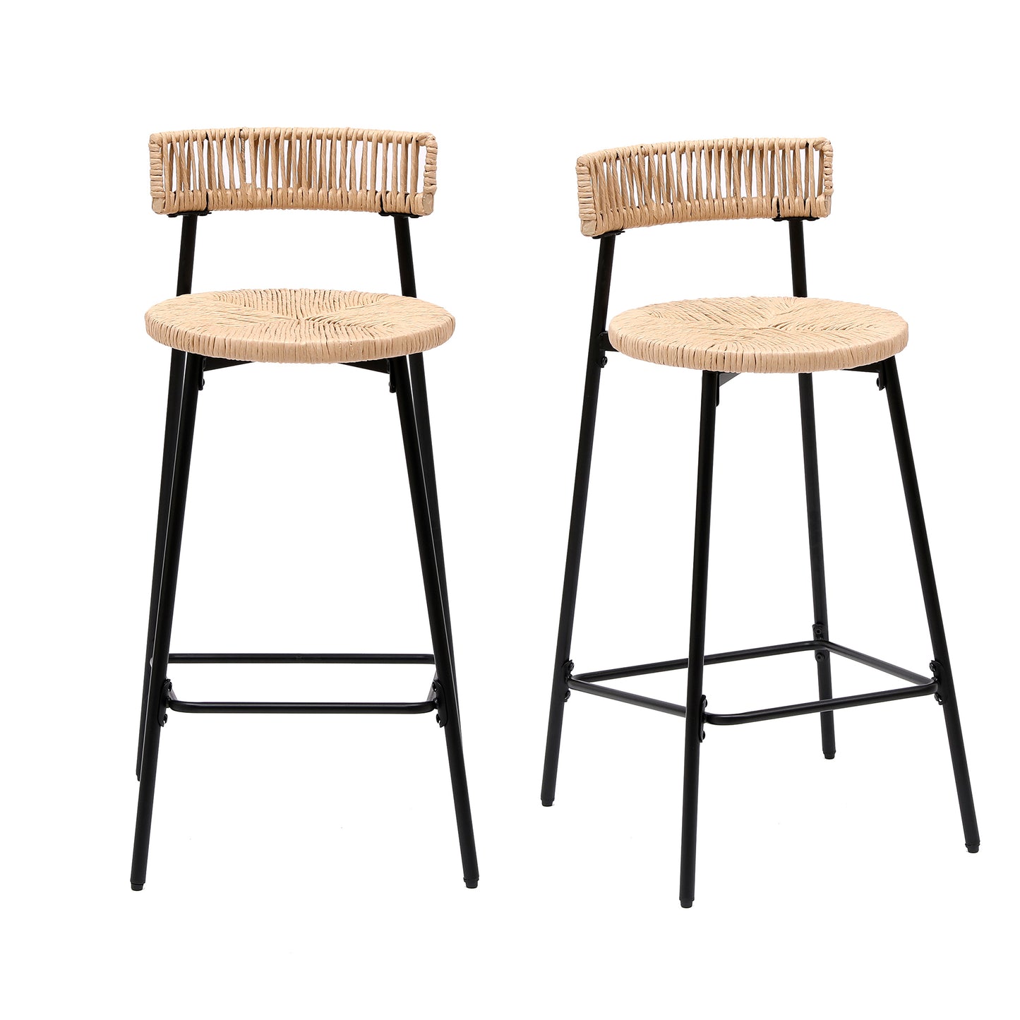 Hand Woven Bar Stools with Back Set of 2 Paper Rope Round Barstools with Footrest for Kitchen Island & Dining Rooms, Black & Honey
