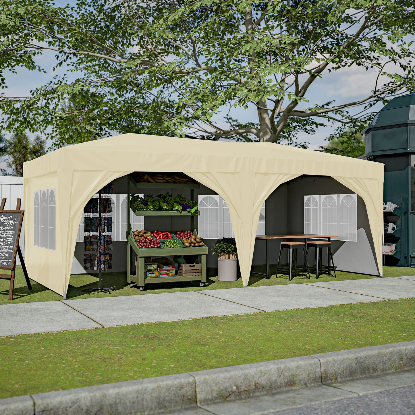 10'x20' Pop Up Canopy Tent with 6 Sidewalls, Ez Pop Up Outdoor Canopy for Parties, Waterproof Commercial Tent with 3 Adjustable Heights, Carry Bag, 6 Sand Bags, 6 Ropes and 12 Stakes, Beige