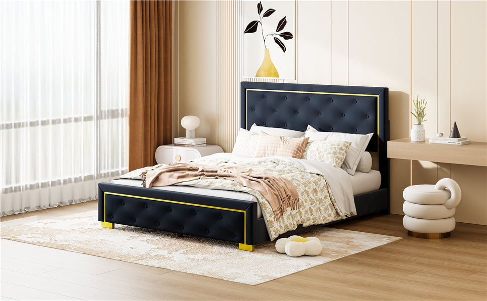 Queen Size Upholstered Platform Bed With Pull Point Headboard And Metal Wire Frame At The Head And Foot Of The Bed, Metal Feet, Velvet, Black