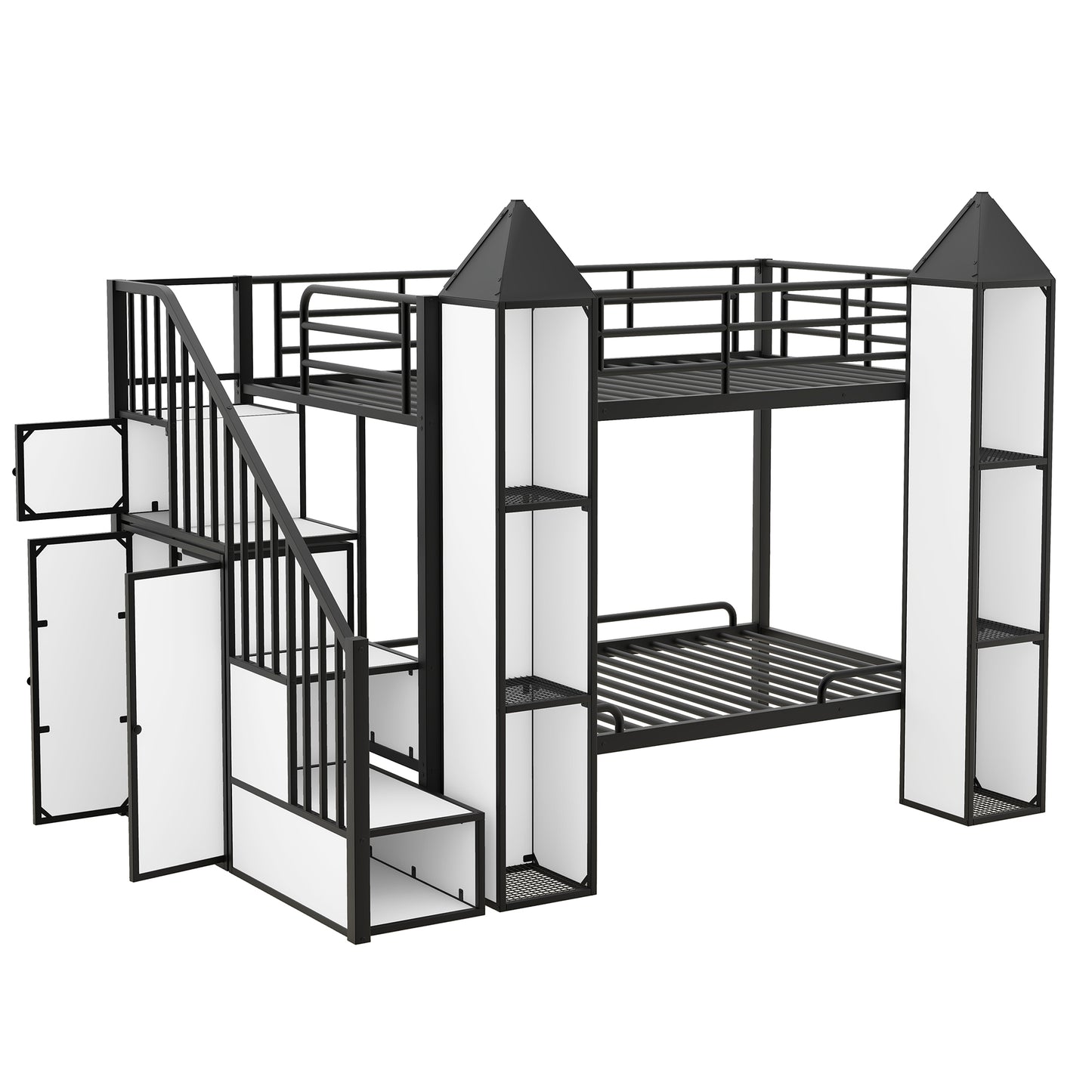 Metal Twin over Twin Castle-shaped Bunk Bed with Wardrobe and Storage, Black+White
