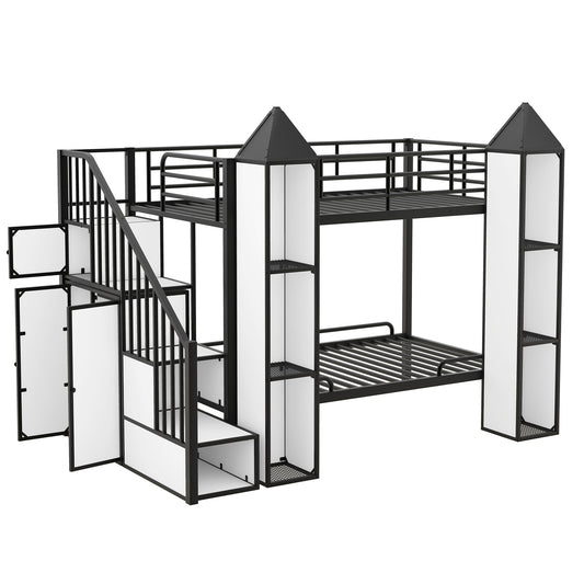 Metal Twin over Twin Castle-shaped Bunk Bed with Wardrobe and Storage, Black+White