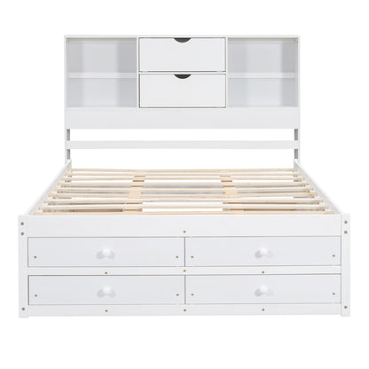 Queen Size Platform Bed with Storage Headboard and 8 Drawers, White