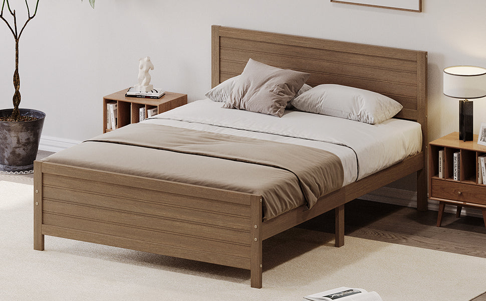 Wood Platform Bed Frame with Headboard, Mattress Foundation with Wood Slat Support, No Box Spring Needed, King Size, Walnut