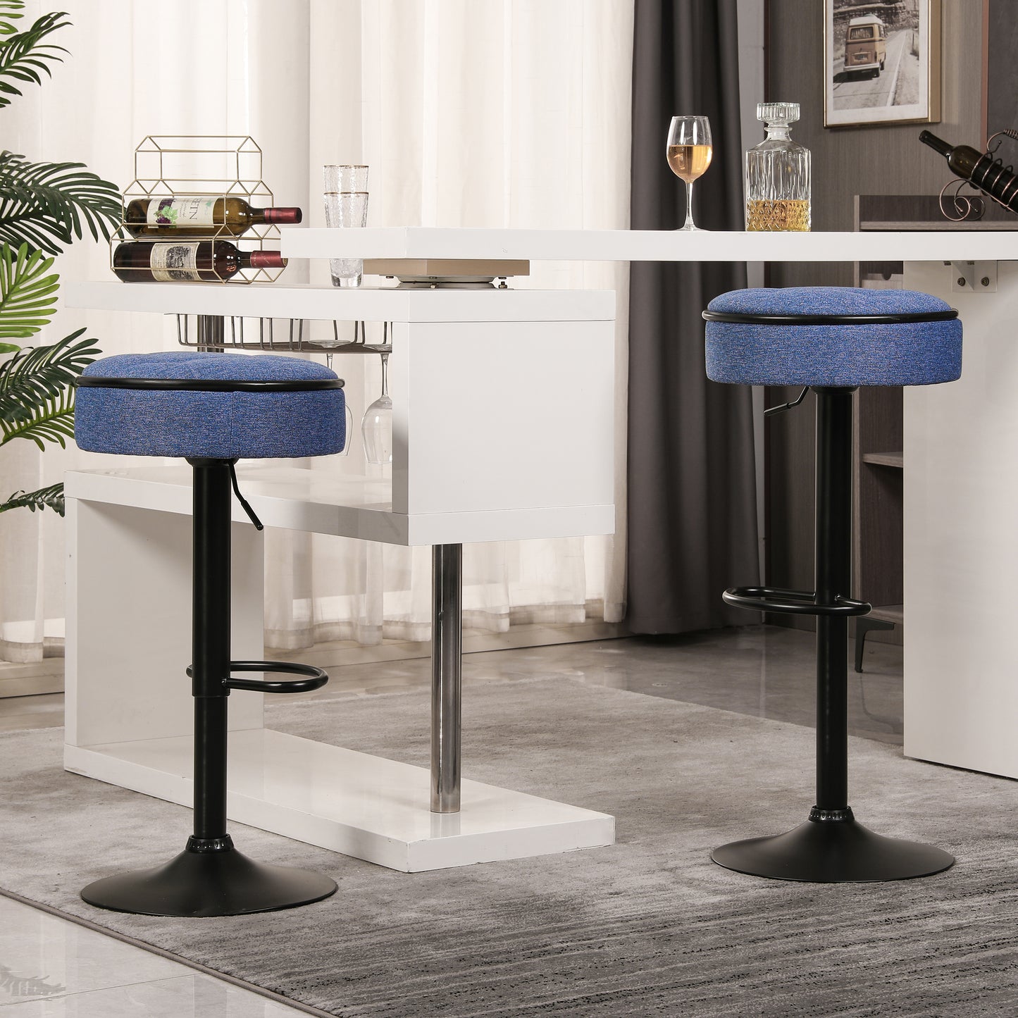 Round Storage Bar Stool Set of 2, Blue Linen Height Adjustable Barstool, 360°Counter Height Swivel Stool, Armless Bar Chair with Metal Frame for Kitchen Counter Dining Living Room