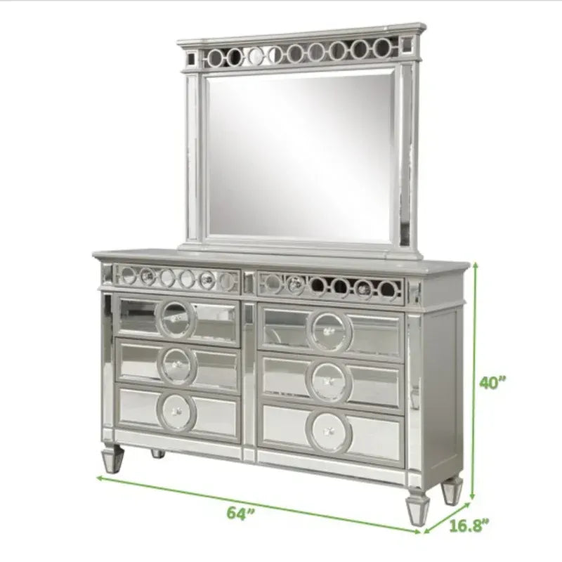 Symphony Modern Style Mirror Front 6 Drawer Dresser with diamond shaped legs and made with wood in Silver