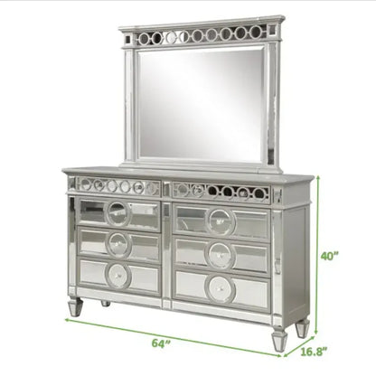 Symphony Modern Style Mirror Front 6 Drawer Dresser with diamond shaped legs and made with wood in Silver