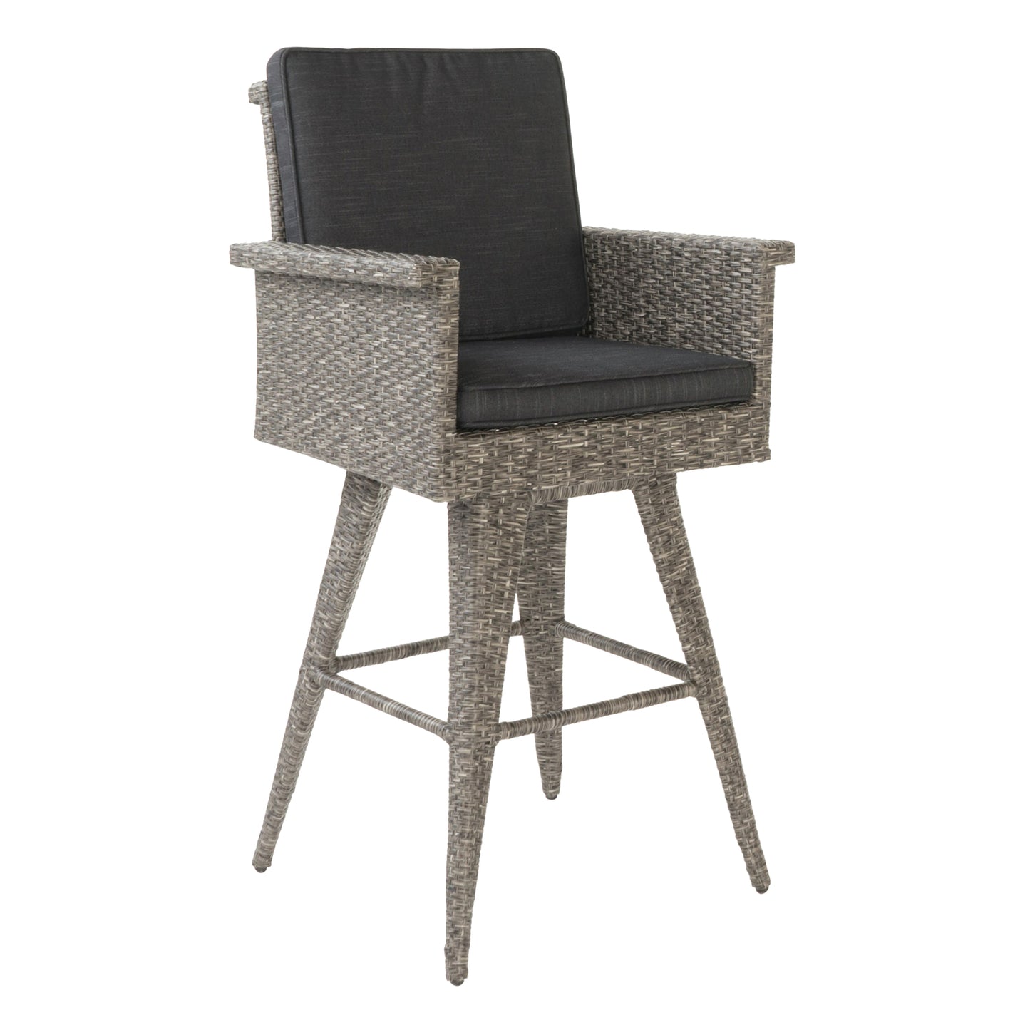 30' Outdoor PE Rattan Swivel Barstool with Water Resistant Cushion, Mixed Black Wicker, Dark Grey Cushion