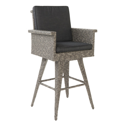 30' Outdoor PE Rattan Swivel Barstool with Water Resistant Cushion, Mixed Black Wicker, Dark Grey Cushion