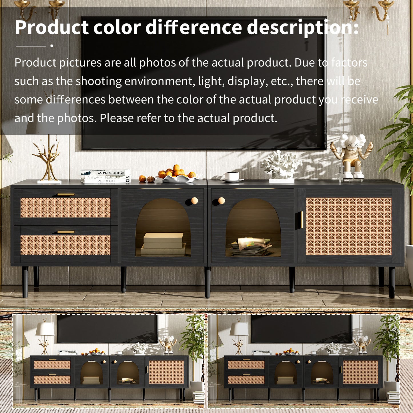 Rattan TV Stand with 3 Cabinets & 2 Drawers, Rattan-inspired Media Console Table for TVs up to 80'', LED Light Entertainment Center, TV cabinet for Living room, Bedroom, Home Theatre