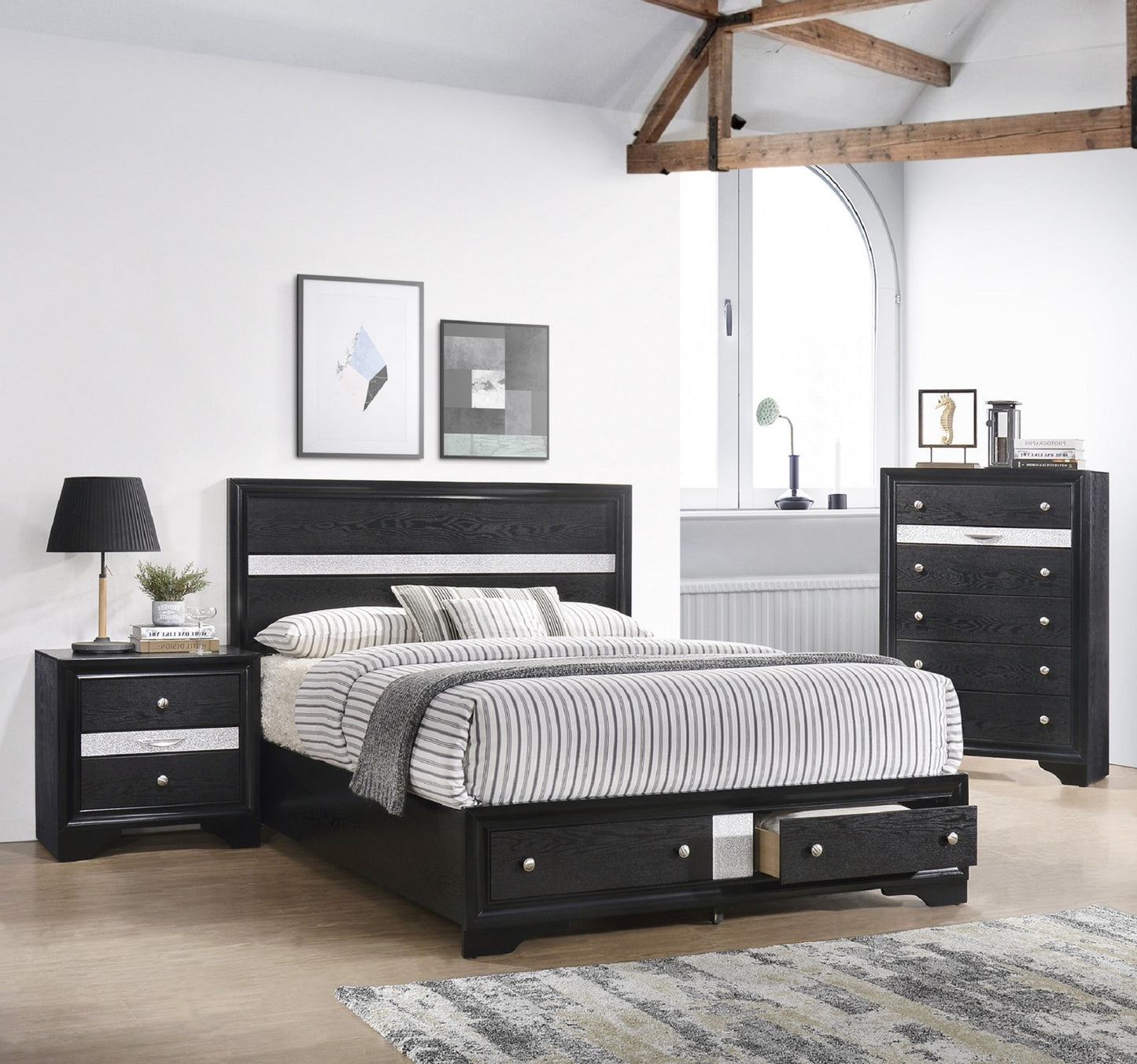 Modern Luxury 1pc Glam 2-Drawer Nightstand End Table Pullout Jeweler Tray Silver Panel Bedroom Solid Wood Wooden Furniture