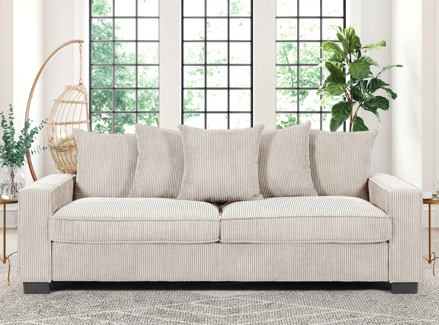 Luxe Corduroy Sofa with 5 Matching Toss Pillows, Sleek Design, Spacious and Comfortable 3 Seater Couch for Modern Living Room, Large, Ivory