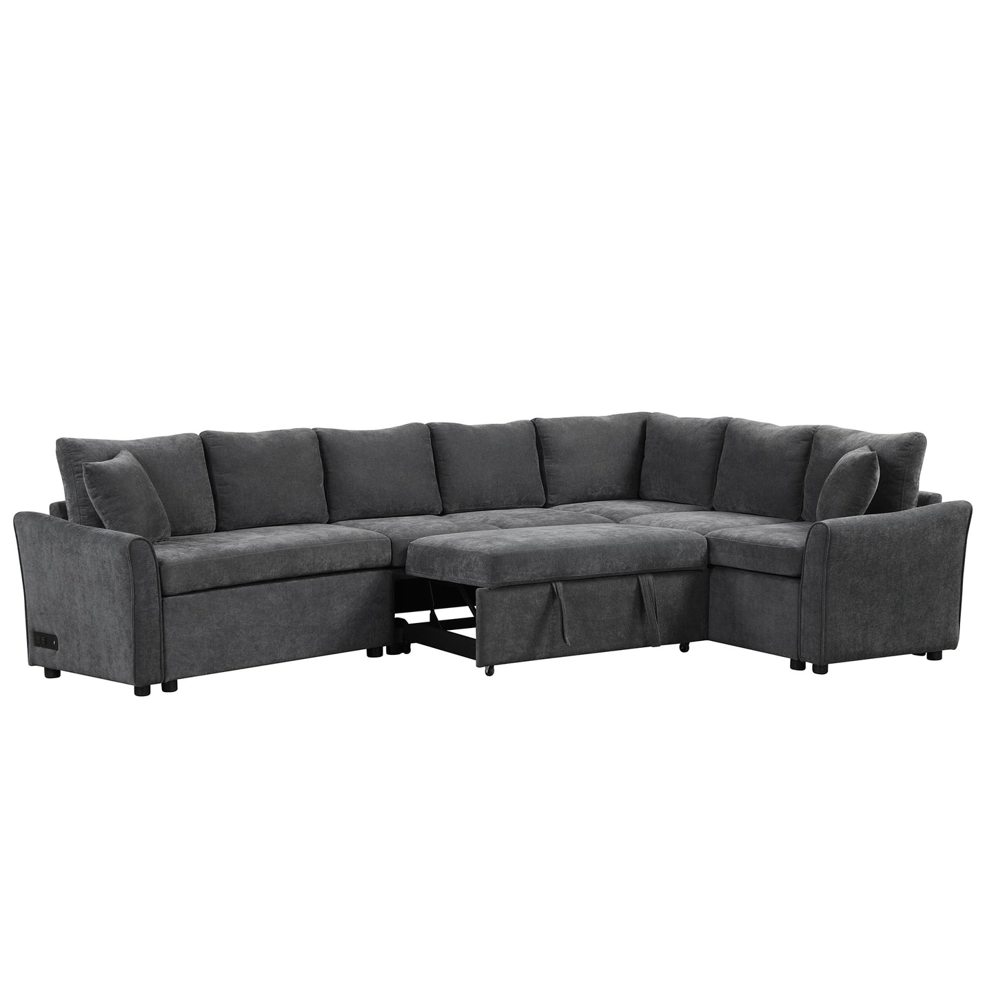 124.8"L-shaped Sofa Convertible Sofa Bed Pull Out Sofa Sleeper with Two Back Pillows, Two USB Ports and Two Power Sockets for Living Room, Gray (Old SKU:SG000890AAE)