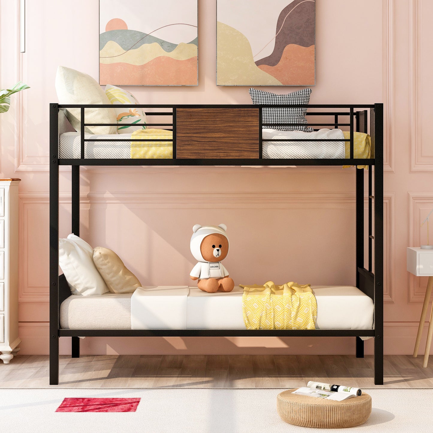 Twin-over-twin bunk bed modern style steel frame bunk bed with safety rail, built-in ladder for bedroom, dorm, boys, girls, adults (OLD SKU:MF190839AAD)