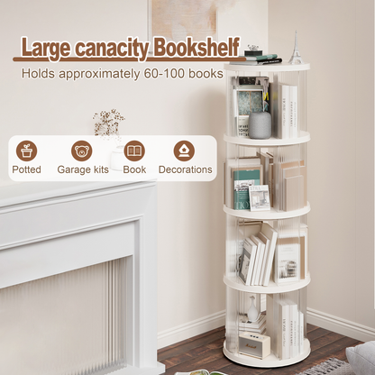 360° Rotating Bookshelf, Small Corner Bookcase with Small Footprint, 4 Tier Floor Standing Bookcasefor Kids&Adults,  Narrow Book Shelf Organizer for Bedroom, Living Room, Round, White