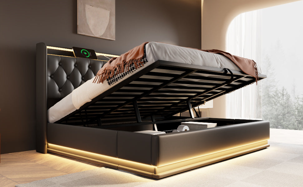 King size Upholstered bed, 360 surround LED function, Buttons/Apps/Remote Control, hydraulic storage bed with USB Type-C charging, Black, PU (Without mattress)