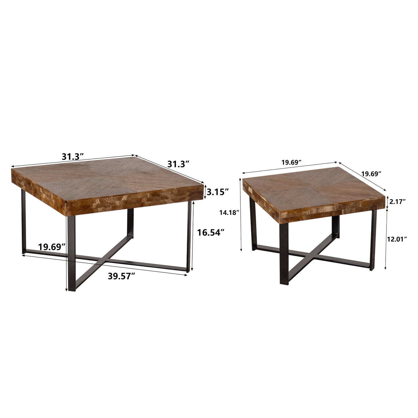 31.3"Modern Retro Splicing Square Coffee Table , Fir Wood Table Top with Cross Legs Metal Base (Set of 2 pcs )