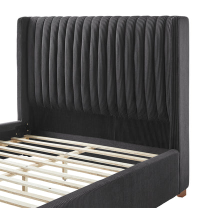 Queen Size Modern Design Bed Frame Upholstered Queen Bed Frame Platform with Headboard Corduroy Headboard Wooden Slats Support, No Box Spring Needed,Mattress Foundation,Black