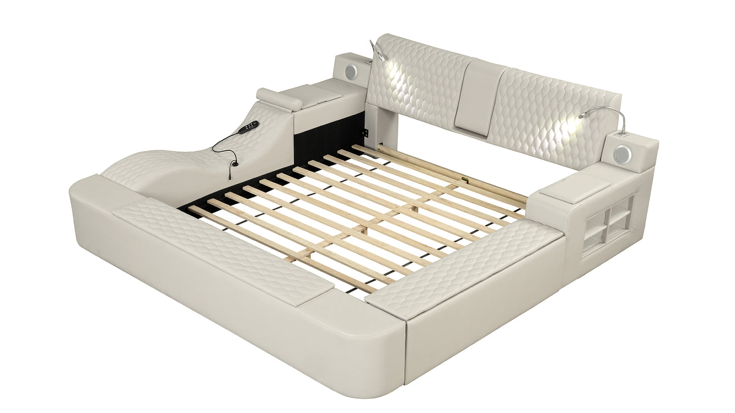 Smart Multifunctional King Size Bed Made with Wood in Beige