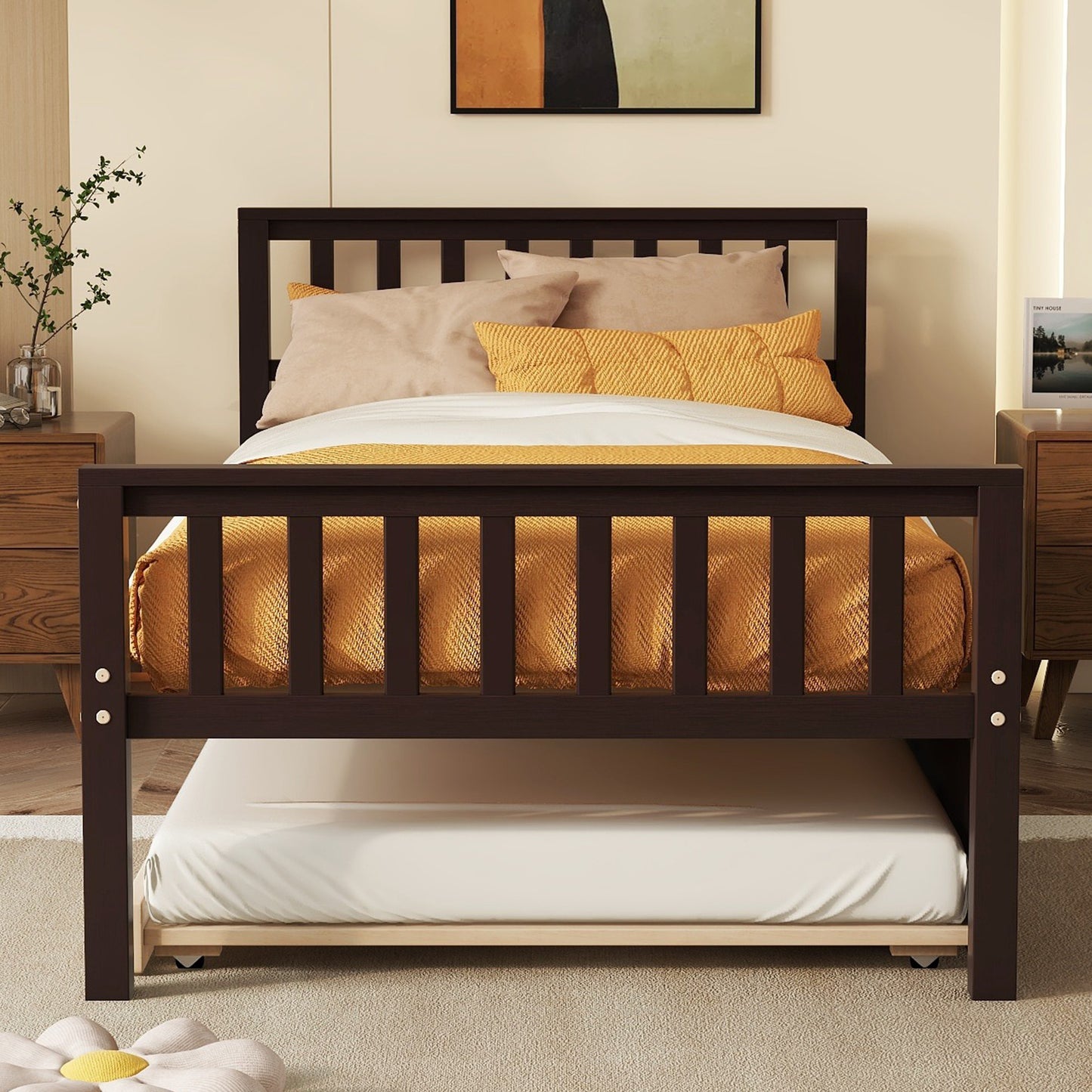 Twin Bed with Trundle, Platform Bed Frame with Headboard and Footboard, for Bedroom Small Living Space,No Box Spring Needed,Espresso(Old SKU:W50440557)