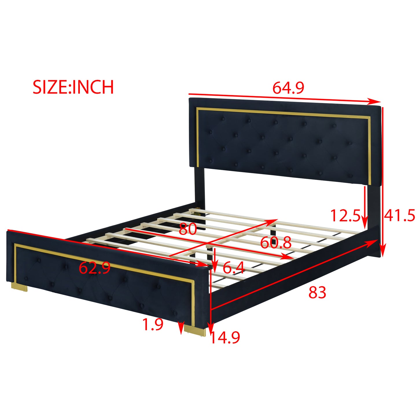 Queen Size Upholstered Platform Bed With Pull Point Headboard And Metal Wire Frame At The Head And Foot Of The Bed, Metal Feet, Velvet, Black