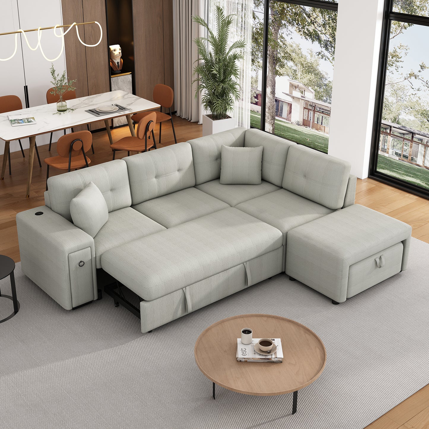 86.6" Sectional Sofa L-shaped Sofa Couch Pull-out Sofa Bed with a Movable Ottoman, Two USB Ports and Two Cup Holders for Living Room, Gray