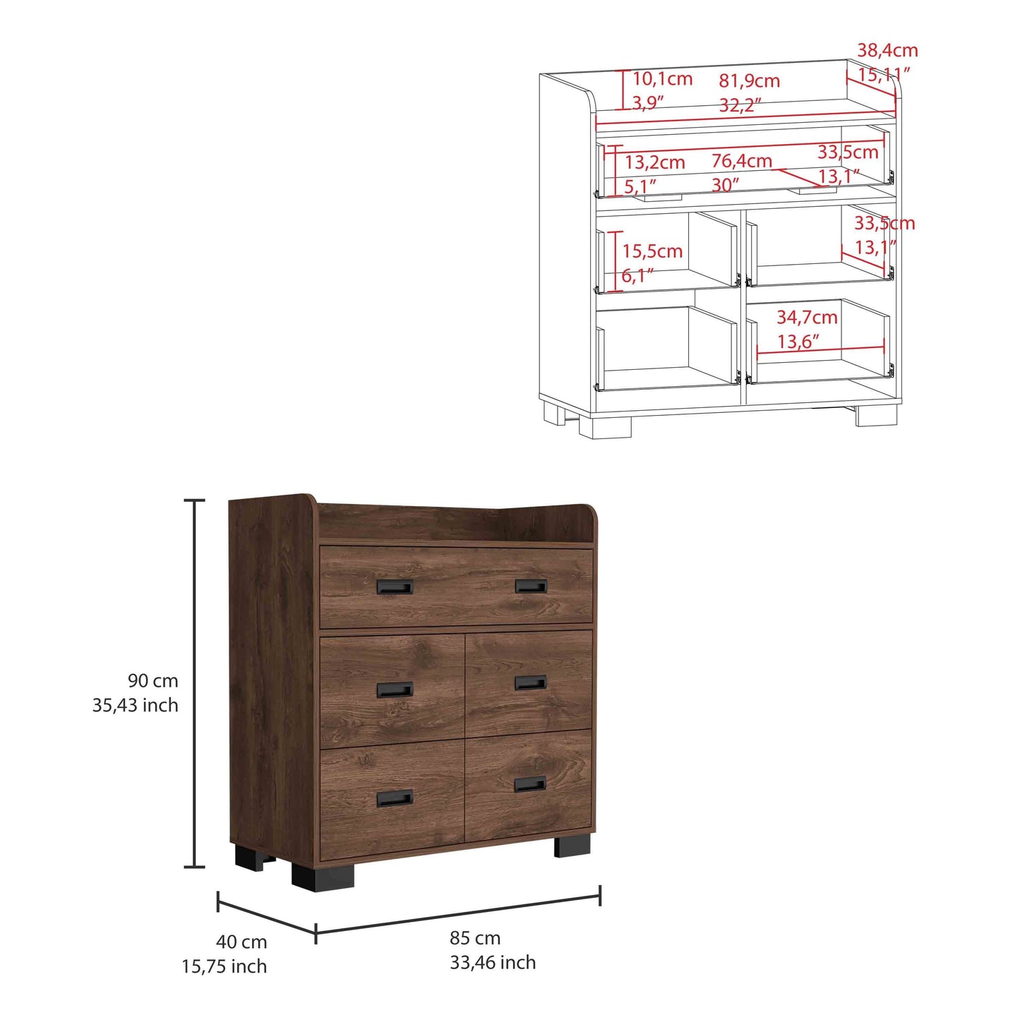 Alyn Dresser, Four Legs, Four Drawers, One Double Drawer, Superior Top -Dark Brown