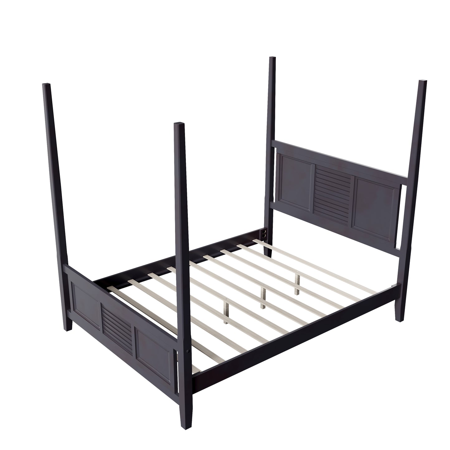 Traditional Queen Size Solid Wood Four Poster Bed with Horizontal Grille Design, Espresso