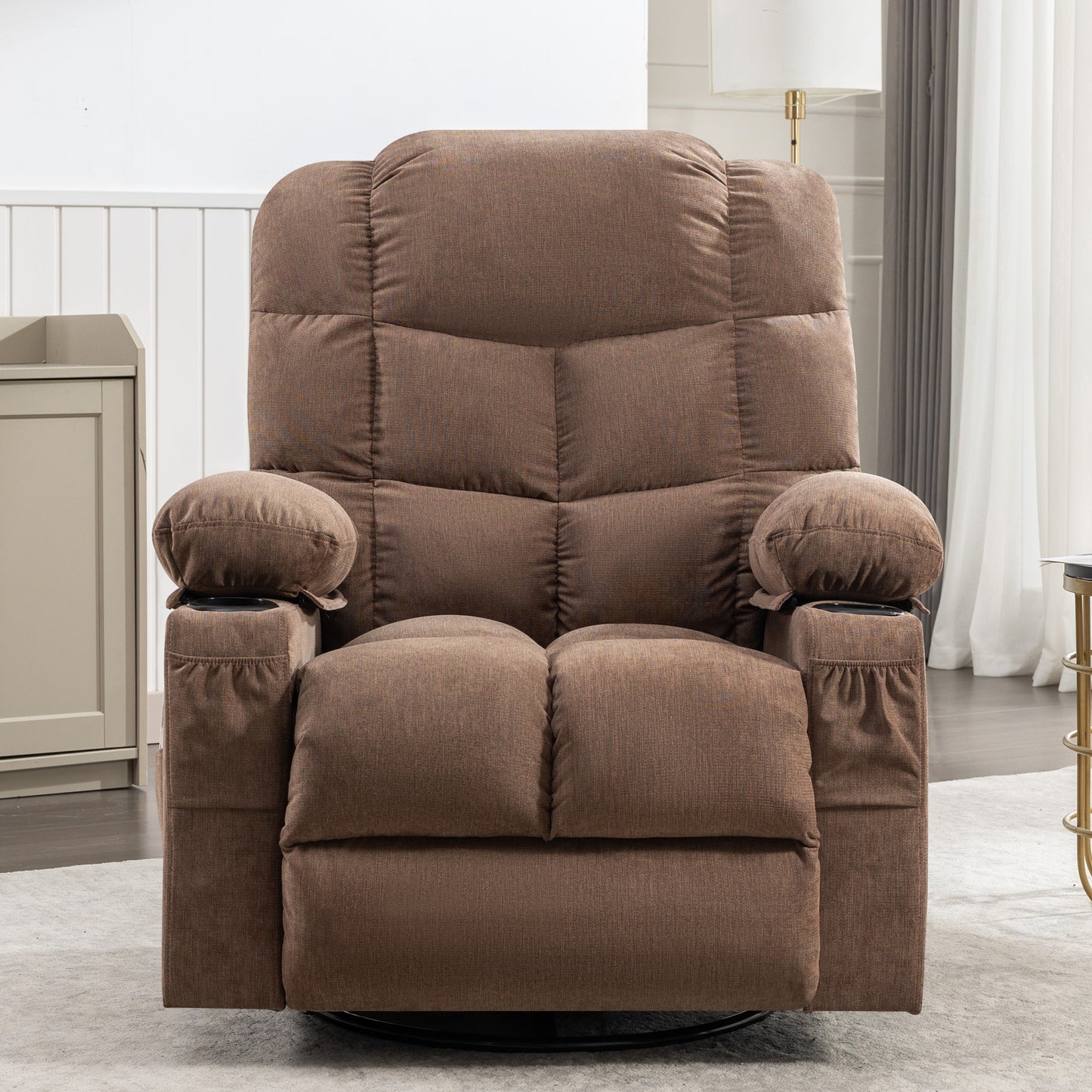 Massage Rocker Recliner Chair Rocking Chairs for Adults Oversized with 2 Cup Holders, USB Charge Port Soft Features a Manual Massage and Heat.(A+B)BROWN
