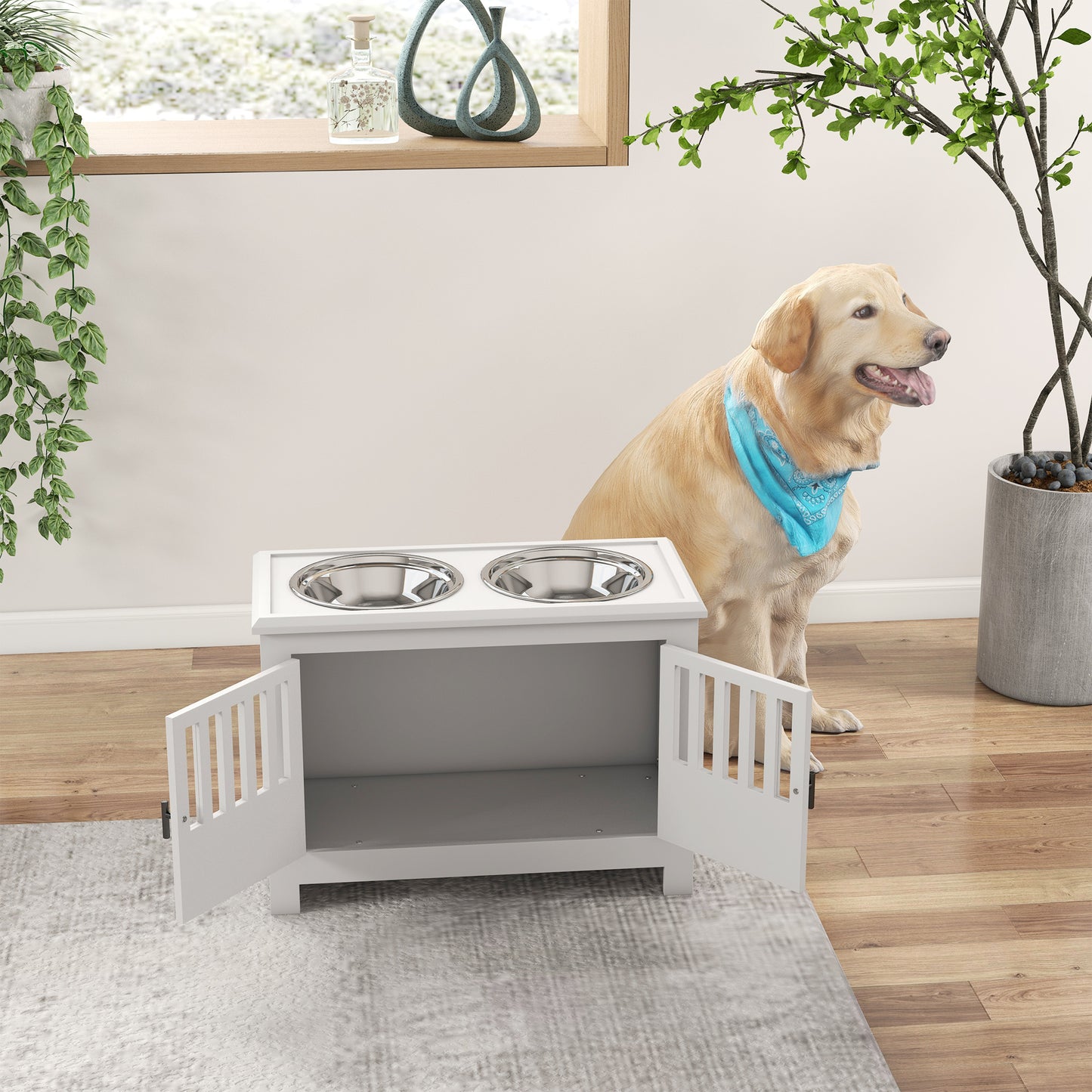 PawHut Large Elevated Dog Bowls with Storage Cabinet Containing Large 37L Capacity, Raised Dog Bowl Stand Pet Food Bowl Dog Feeding Station, White