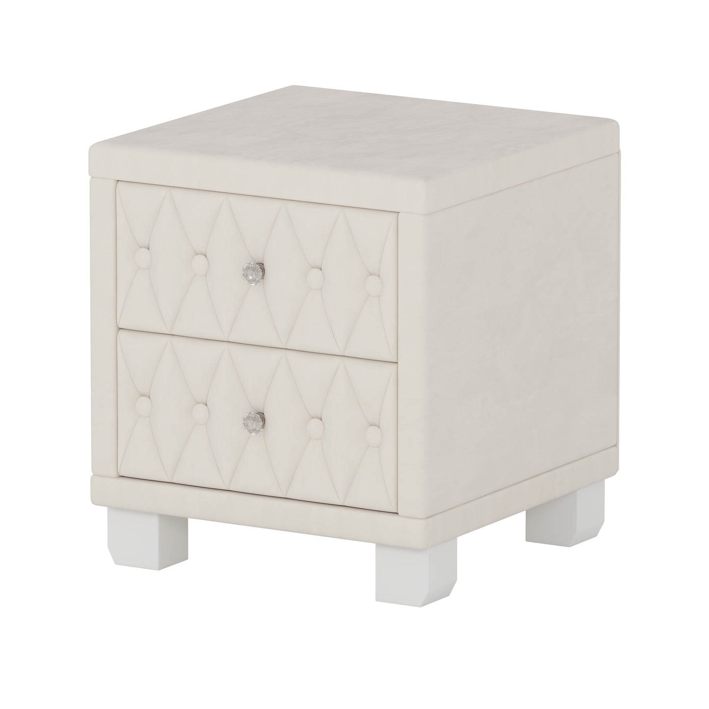 Elegant Velvet Nightstand with 2 Drawers and Crystal Handle, Storage Bedside Table with Button-Tufted, Beige