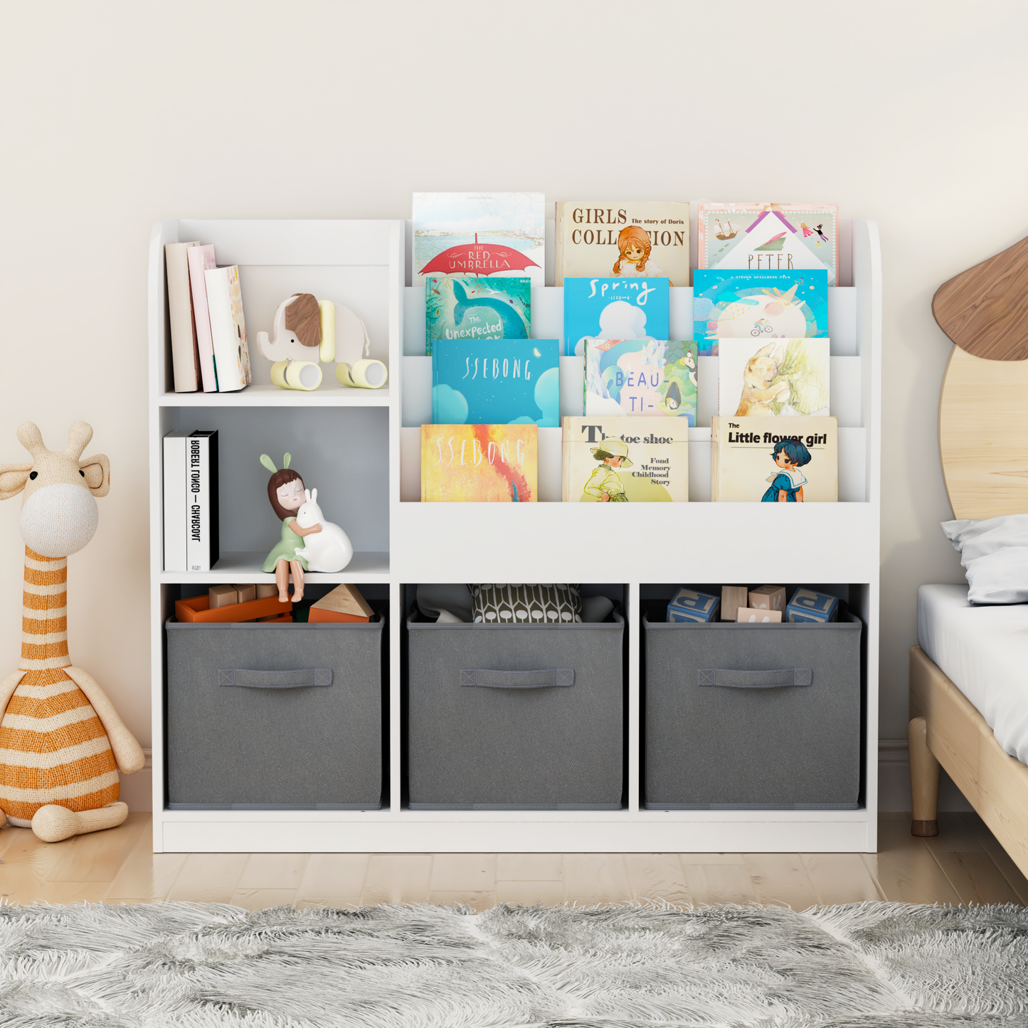 Kids Bookcase and Bookshelf, Multifunctional Bookcase with 3 Collapsible Fabric Drawers, Bookcase Display Stand, Toy Storage Organizer for Bedroom, Playroom, Hallway (White/Gray)