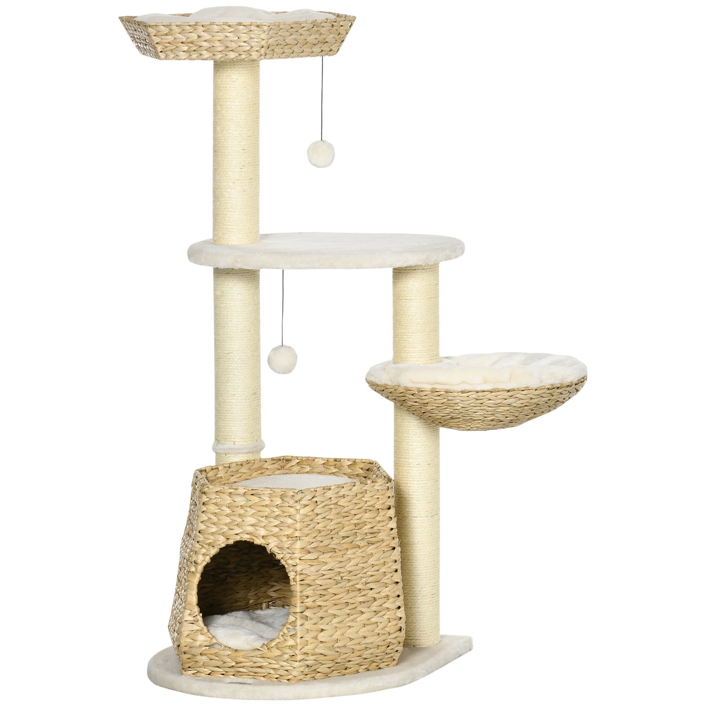 PawHut 47" Cat Tree Kitty Activity Center, Cat Climbing Toy with Cattail Fluff, Bed, Condo, Sisal Scratching Post, and Hanging Ball, Natural