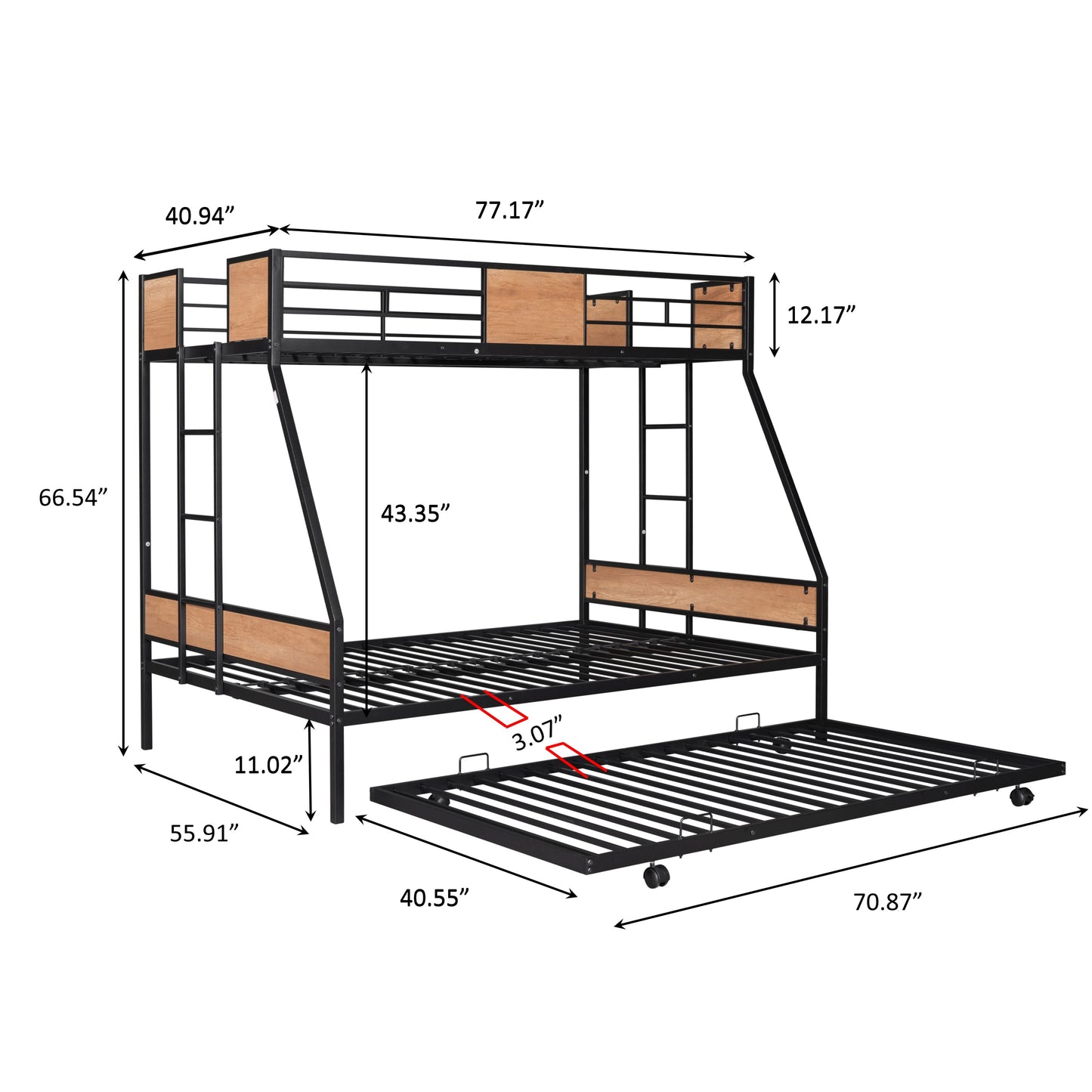 Metal Twin over Full Bunk Bed with Trundle/ Heavy-duty Sturdy Metal/ Noise Reduced/ Safety Guardrail/ Wooden Decoration/ Convenient Trundle / Bunk Bed for Three/ CPC Certified/ No Box Spring Needed