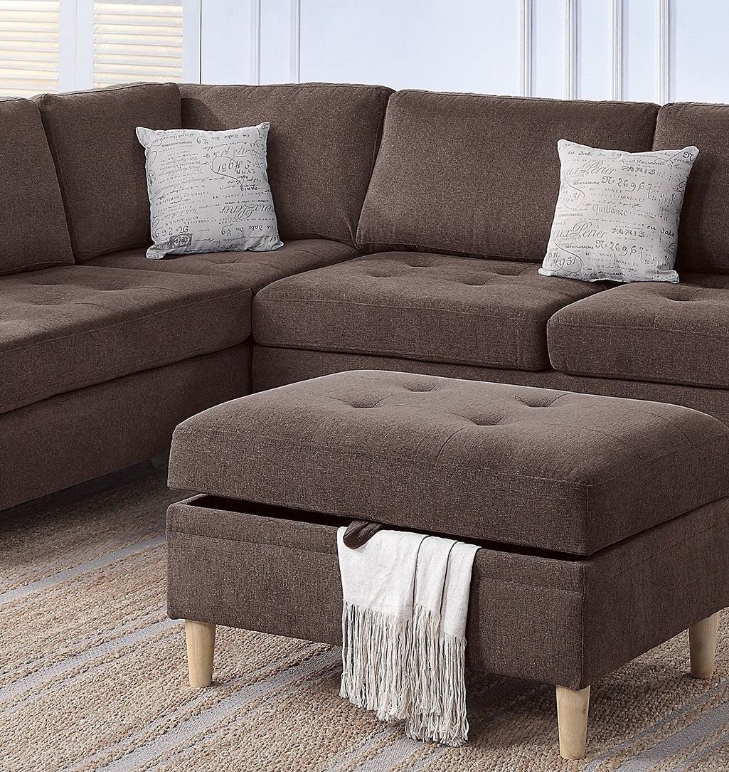 3-PCS Reversible Sectional Set Living Room Furniture Chocolate Color Chenille Couch Sofa, Reversible Chaise Ottoman