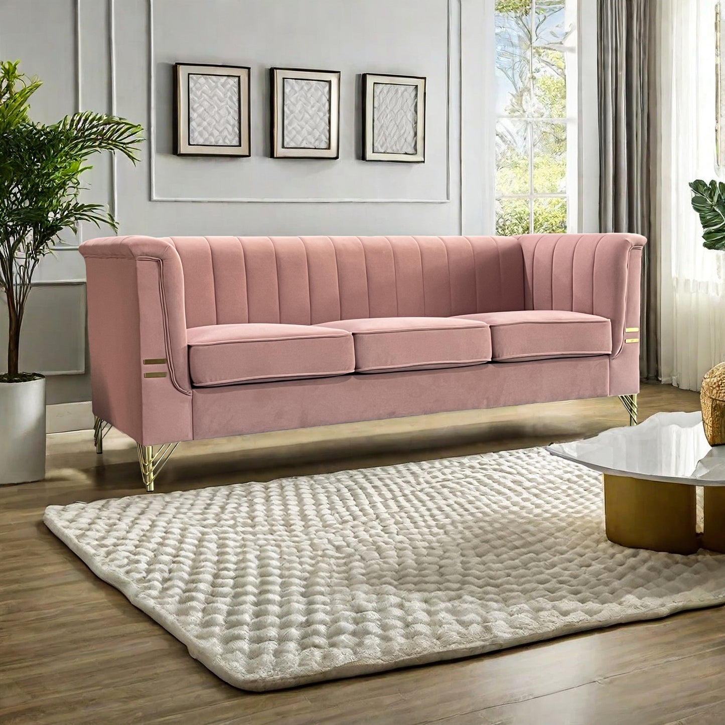 FX-P82-PK(SOFA)-Modern Designs Velvet Upholstered Living Room Sofa, 3 Seat Sofa Couch with  Golden Metal Legs for Home, Apartment or Office  Pink SOFA