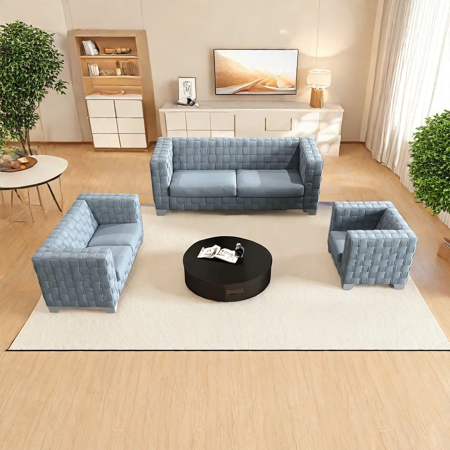 FX-D1 SOFA SET Include Chair Loveseat And Sofa Light Blue ColorLinen &  White color sofa legs