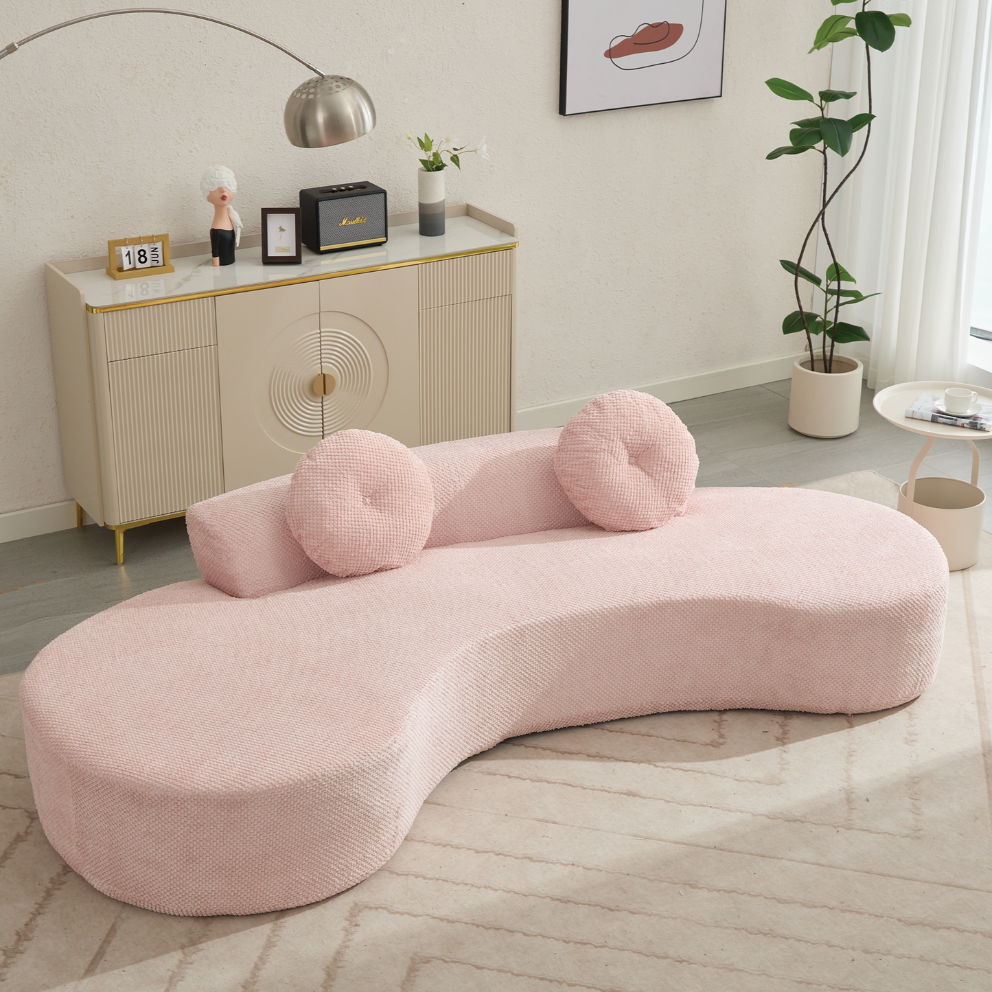 [NEW ARRIVED] [VIDEO PROVIDED]105.5''Curved Sofa, Modern Minimalist Sofa, Cloud Couch Sofa 3-4 Seater Couch with 2 Pillows,Bedroom,  No Assembly Required, Point-shaped corduroy,(Anti-Wrinkle) ,Pink