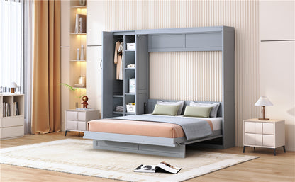 Queen Size Murphy Bed Wall Bed with Shelves, Wardrobe and LED Lights,Gray