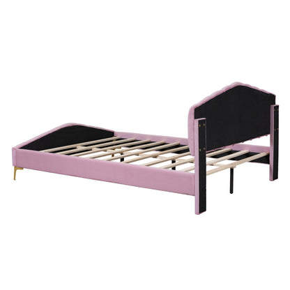 Queen Size Velvet Platform Bed with Thick Fabric, Stylish Stripe Decorated Bedboard and Elegant Metal Bed Leg, Pink